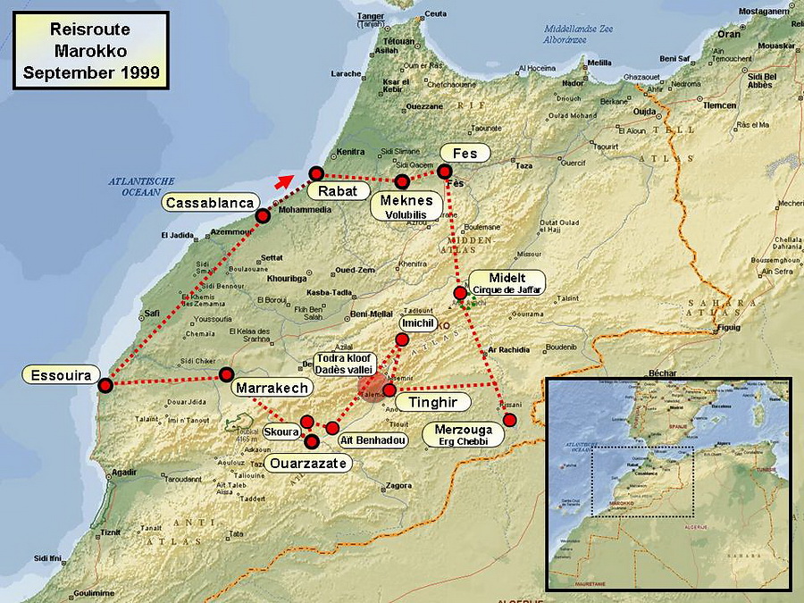 Reisroute / Kaart Mijn eerste verre reis ging in 1999 naar Marokko. Een veelzijdig land waar we de 4 keizersteden (Rabat, Meknes, Fès en Marrakech) bezochten, de woestijn van Erg Chebbi introkken en met een jeep een meerdaagse trekking in het Atlas gebergte maakten. Eindigen deden we in het pittoreske vissersstadje Essouira. Stefan Cruysberghs